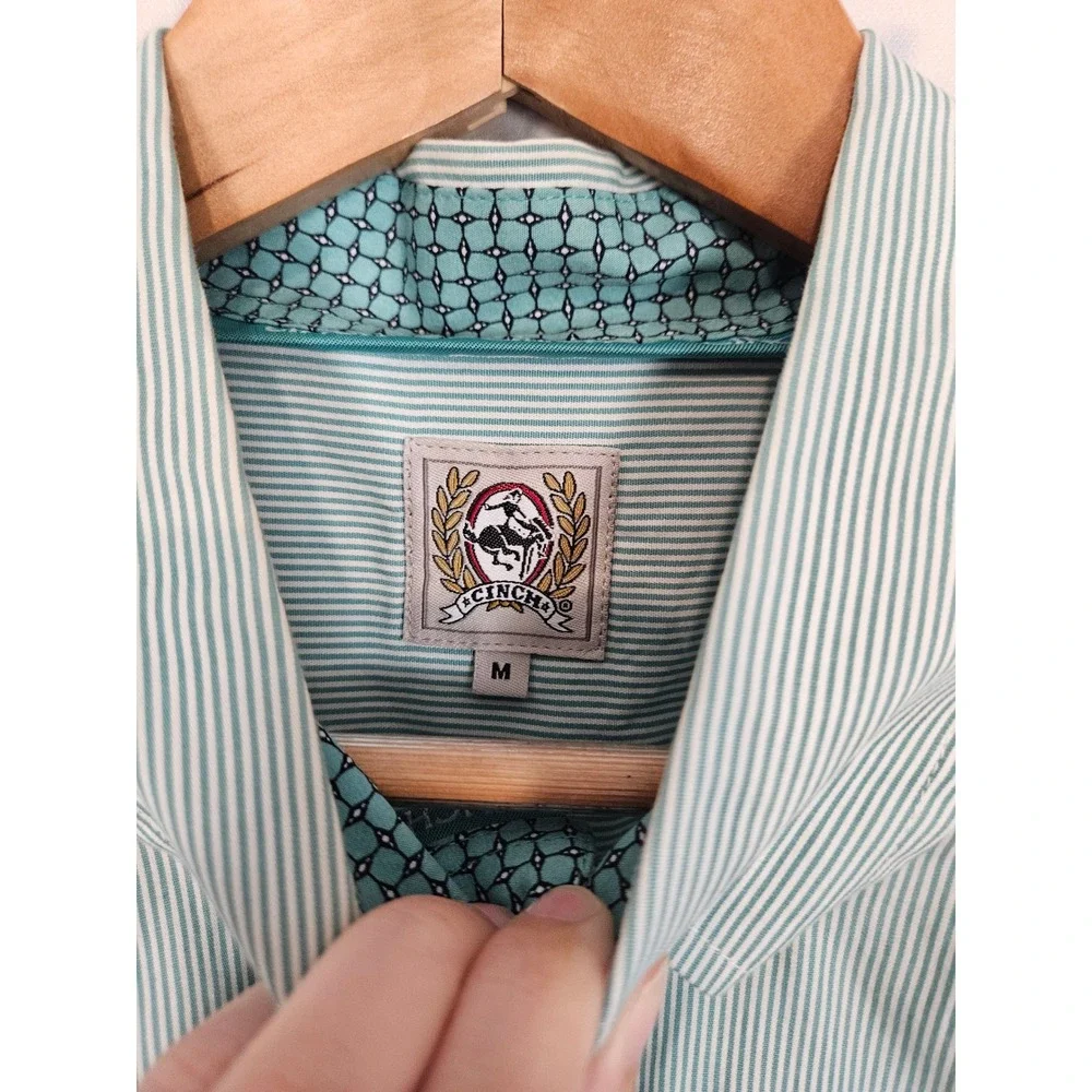 Cinch Button Down Shirt Medium Green Striped Western Cowboy Long Sleeve Pocket